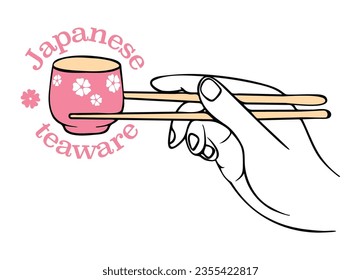 Japanese teaware shop logotype template with hand and chopsticks 
