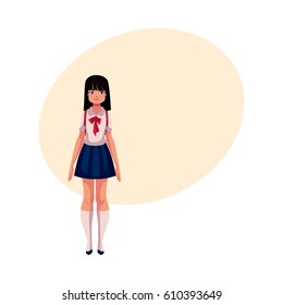 Japanese teenage schoolgirl in typical uniform wearing short skirt and red bow tie, cartoon vector illustration with place for text.