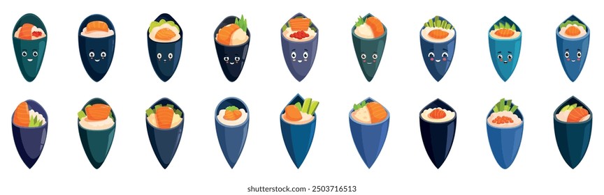 Japanese temaki sushi icons set. Set of cute temaki sushi cones with funny faces showing different emotions, traditional japanese cuisine, seafood and rice wrapped in nori seaweed