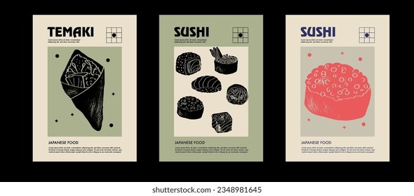 Japanese temaki, sushi. Price tag or poster design. Set of vector illustrations. Typography. Engraving style. Labels, cover, t-shirt print, painting.