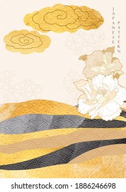 Japanese template with abstract landscape background vector. Gold foil and black texture. Peony flower with Chinese cloud elements in oriental style.