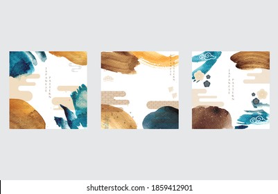 Japanese template with Asian icon background vector. Watercolor brush stroke illustration with wave pattern. 
