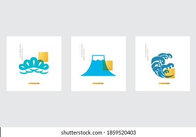 Japanese template with Asian icon background vector. Watercolor brush stroke illustration with wave pattern. 