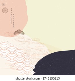 Japanese template with Asian icon vector. Oriental natural landscape background. Hand drawn wave elements in vintage style. Abstract art pattern illustration.