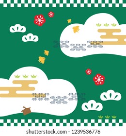 Japanese template background with icons vector. Cherry blossom flower, pine tree, birds and wave elements.