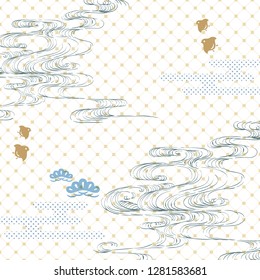 Japanese template background vector. Wave hand drawn with icons elements. 