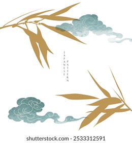 Plantilla japonesa con hojas de bambú con Vector de nube chino. Abstractas ilustración de fondo. Anuncio de textura de acuarela en estilo vintage.