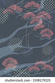 Japanese template with bonsai and wave elements vector. Oriental background.