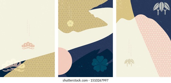 Japanese template with brush stroke vector. Geometric pattern with Japanese icons.