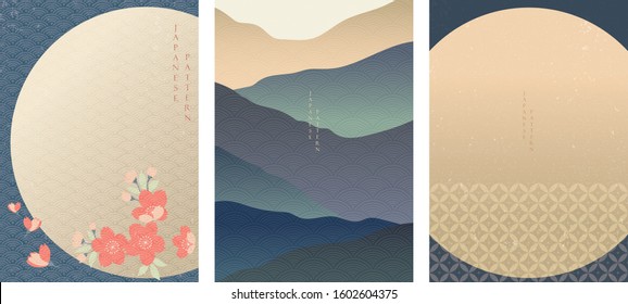 Japanese template with Cherry blossom elements vector. Circle background layout design. Landscape poster design.