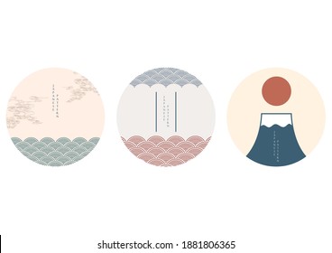 Japanese template with Circle shape vector. Fuji mountain element with wave pattern. Hand drawn ocean decoration.