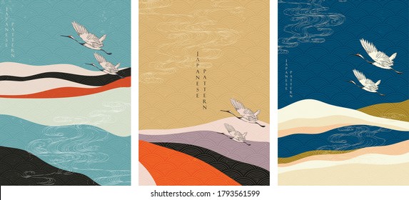 Japanese template with crane birds vector. Mountain forest with abstract background illustration.