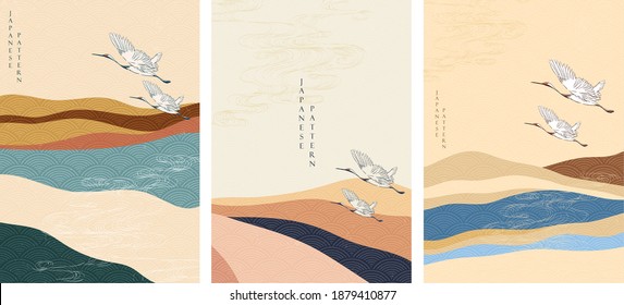 Japanese template with crane birds vector. Mountain forest with abstract background illustration with Japanese wave pattern.