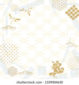 Japanese template with dragonfly, cloud and flower icon vector. Gold line decoration background.