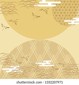 Japanese template with dragonfly elements vector. Circle and line background with natural ornaments.