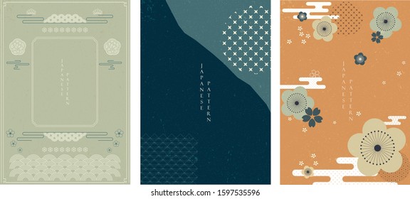 Japanese template with Geometric pattern vector. Cherry blossom, cloud and curve elements.