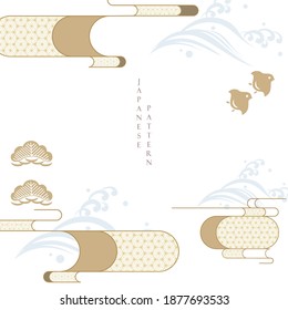 Japanese template with geometric pattern vector. Asian traditional icon with wave, birds, bonsai elements.