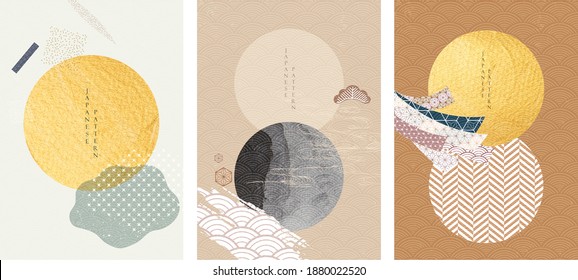 Japanese template with geometric pattern vector. Watercolor texture with wave and circle elements. Gold foil and black texture decoration.