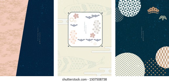 Japanese template with geometric vector. Carp fish background  with cherry blossom, pine tree, wave and bamboo elements.