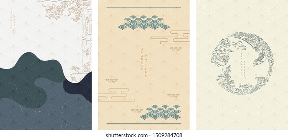 Japanese template with hand drawn Asian traditional elements. Wave, tree, lion and eagle vector.