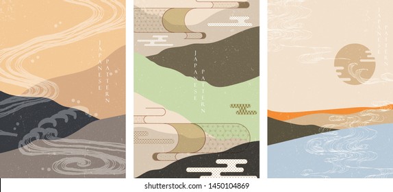 Japanese template with hand drawn wave vector. Landscape background with Asian element.