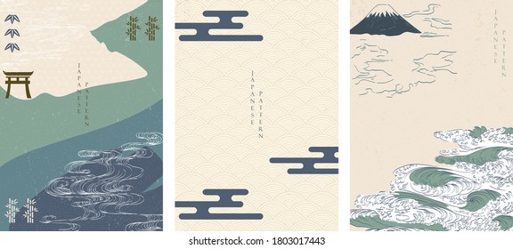 Japanese template with hand drawn wave pattern vector. Oriental art cover design background with abstract elements in vintage style. Fuji mountain and gate icons.