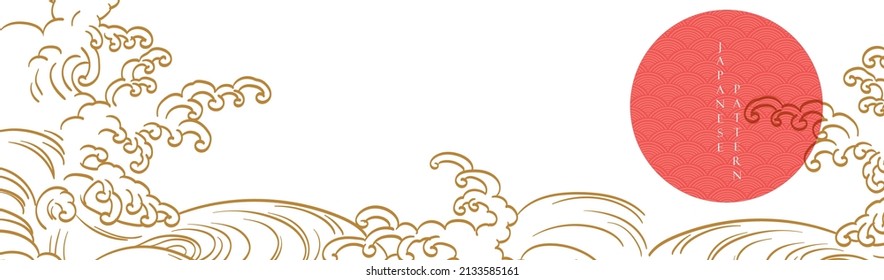 Japanese template with hand drawn wave vector. Oriental template with abstract art background in vintage style. Sun and moon decoration element.