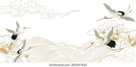 Japanese template with hand drawn wave vector. Oriental template with abstract background in vintage style. Crane birds decoration.