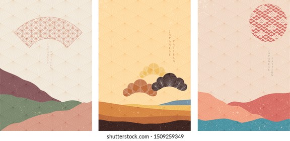 Japanese template with landscape background vector. Geometric pattern with Japanese icon like fan and pine tree elements.