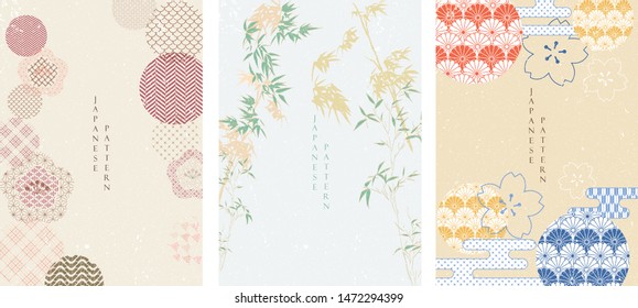 Japanese template with natural elements vector. Flower and bamboo background. 