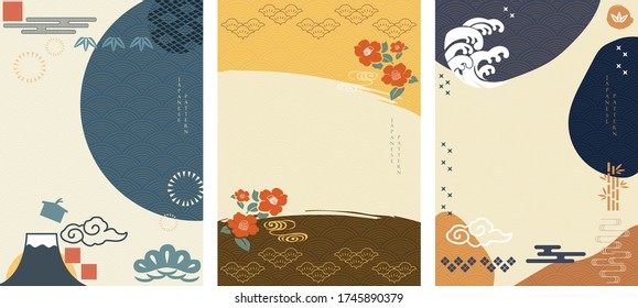 Japanese template with natural landscape background vector. Asian tradition decoration elements.