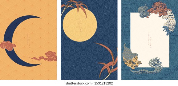 Japanese template with traditional elements vector. Moon background with lion, bamboo and cloud icons. Wave pattern. Oriental Chinese frame.