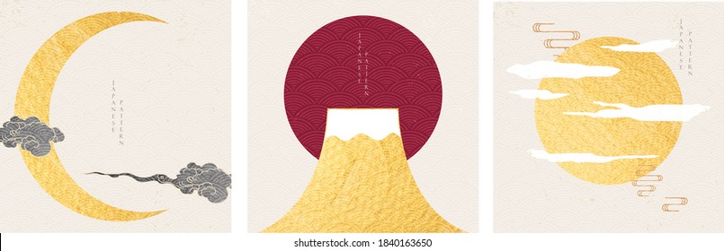 Japanese template with traditional elements vector. Moon background with gold texture. Oriental Chinese frame with wave pattern.