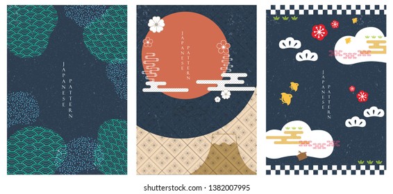 Japanese template vector. Blue background with Japanese icons. Abstract banner with bamboo, sun, cloud, cherry blossom , birds, pine tree and Fuji mountain elements in poster design. 