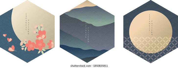 Japanese template vector with Blue geometric logo and Floral object. Abstract banner with wavy element texture background in vintage style.