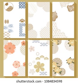 Japanese template vector. Cherry blossom, Peony flower, Wave pattern elements. Thank you, wedding, invitation, birthday, congratulations card.