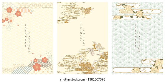 Japanese Template Vector. Cherry Blossom, Peony Flower, Hand Drawn Wave And Japanese Pattern Background. Invitation Card In Asian Style.