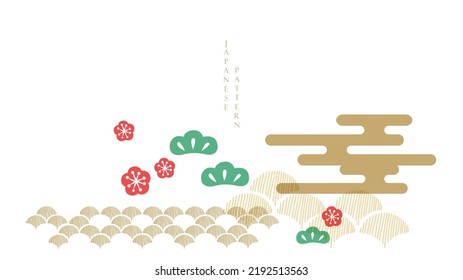 Japanese template vector. Cherry blossom flower, Bonsai tree and wave elements background. Asian traditional banner design.