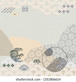 Japanese template vector. Elegance wave elements background. Asian geometric pattern. Fuji mountain, bamboo and cherry blossom icon.