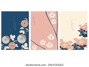 Japanese template vector. Floral decoration background. Cherry blossom flower with wooden texture in Chinese style. Natural luxury texture. Geometric and abstract pattern in risograph style.