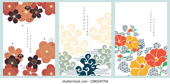 Japanese template vector. Flower and cloud illustration background. Cherry blossom pattern. Asian traditional poster style.