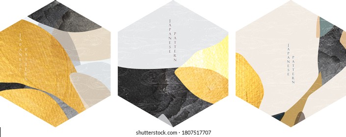 Japanese Template Vector With Geometric Logo And Hand Drawn Wave Pattern. Abstract Banner With Gold Watercolor Texture Background In Vintage Style.