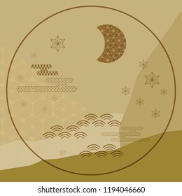 Japanese template vector with geometric pattern background. Wave, Fuji mountain, pine, moon, cloud ornaments. 