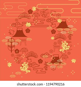 Japanese template vector with geometric pattern background. Wave, Fuji mountain, pine, moon, cloud ornaments. 