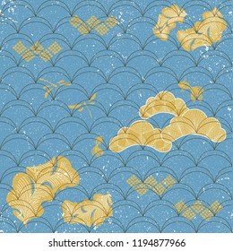 Japanese template vector. Gold geometric pattern background on blue surface. Pine, wave, dragonfly elements.