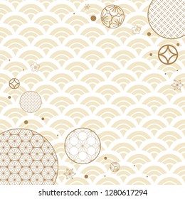 Japanese template vector. Gold geometric background. Circle elements.