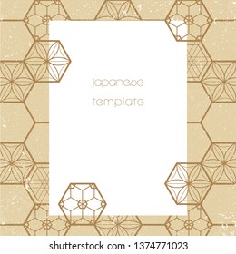 Japanese template vector. Gold geometric background. Flower icons and pattern.