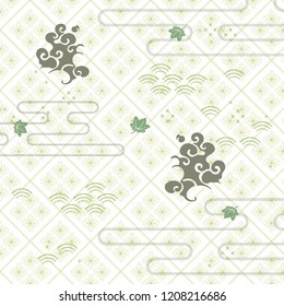 Japanese template vector. Green leaf, cloud, wave icons with Japanese pattern background.