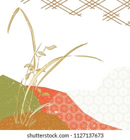 Japanese template vector. Hand drawn leaves elements with collage background. Geometric pattern.