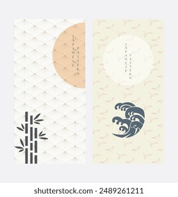 Japanese template vector. Hand drawn waveand bamboo leaves background. Geomtric line pattern in Asian style with Japanese pattern. Chinese sea in oriental arts. Natural luxury texture.